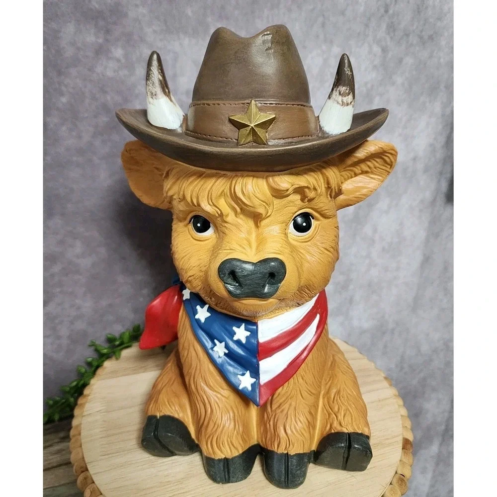 Patriotic Americana Western Highland Cow With Cowboy‎ Hat Scarf Figurine 10.5